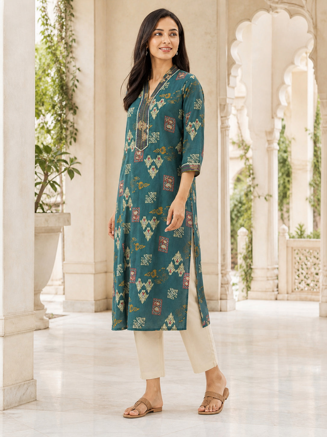 Peachmode Rama Green Viscose Blend Ethnic Motif Printed Kurti - Image 3