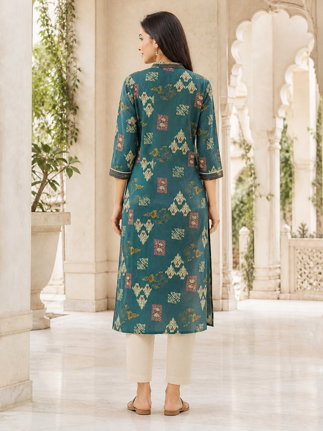 Peachmode Rama Green Viscose Blend Ethnic Motif Printed Kurti - Image 4