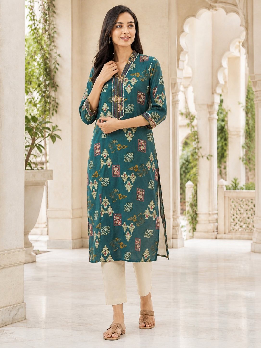 Peachmode Rama Green Viscose Blend Ethnic Motif Printed Kurti - Image 5
