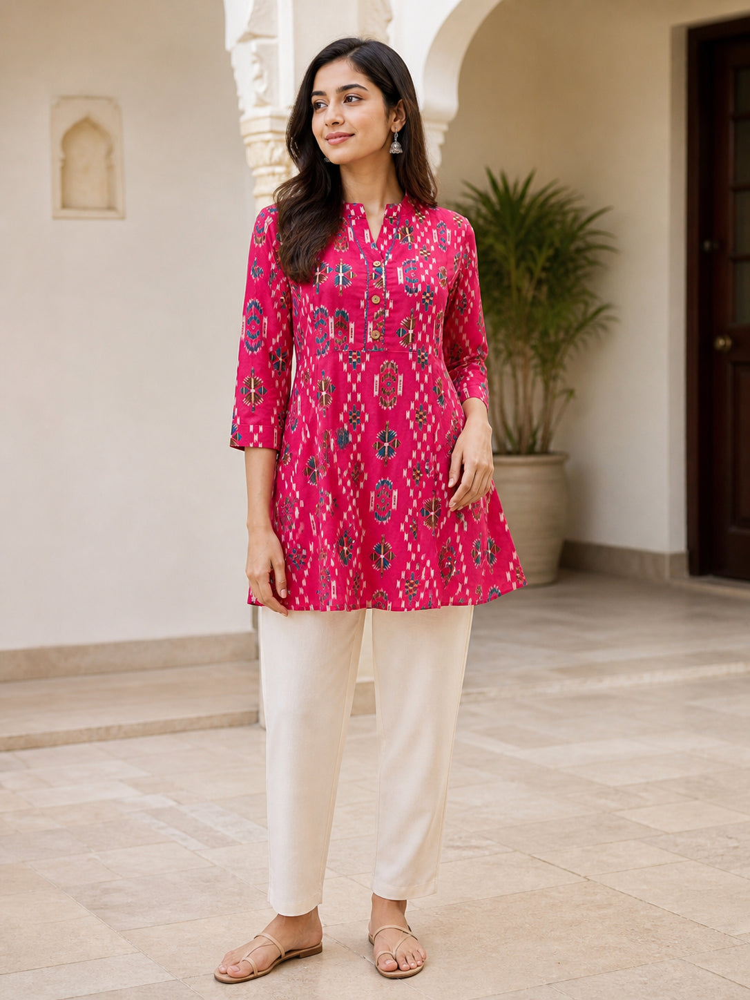Peachmode Pink Rayon Geometric Printed A-Line Top - Image 1