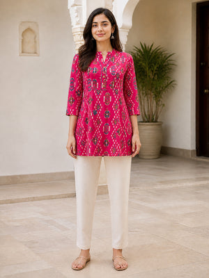 Peachmode Pink Rayon Geometric Printed A-Line Top - Image 2