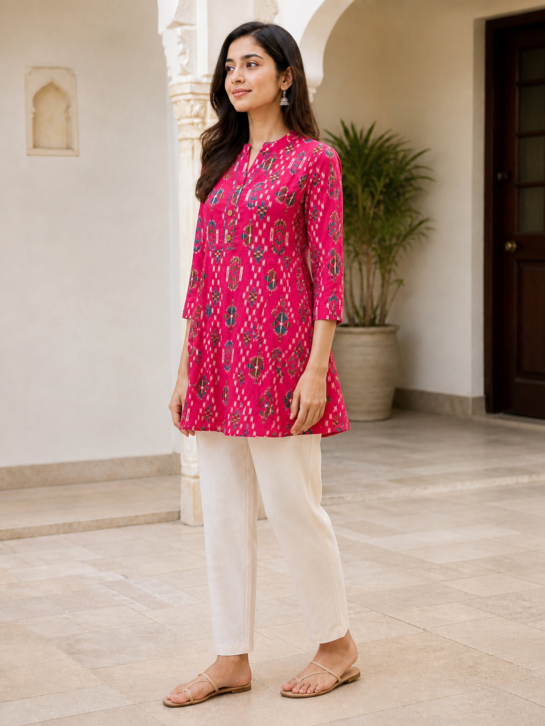 Peachmode Pink Rayon Geometric Printed A-Line Top - Image 3
