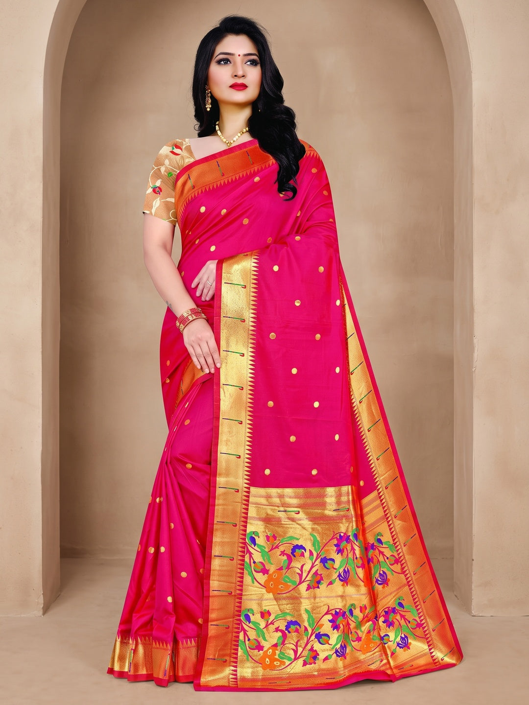 Peachmode Pink Pure Silk Peacock Woven Saree - Image 1
