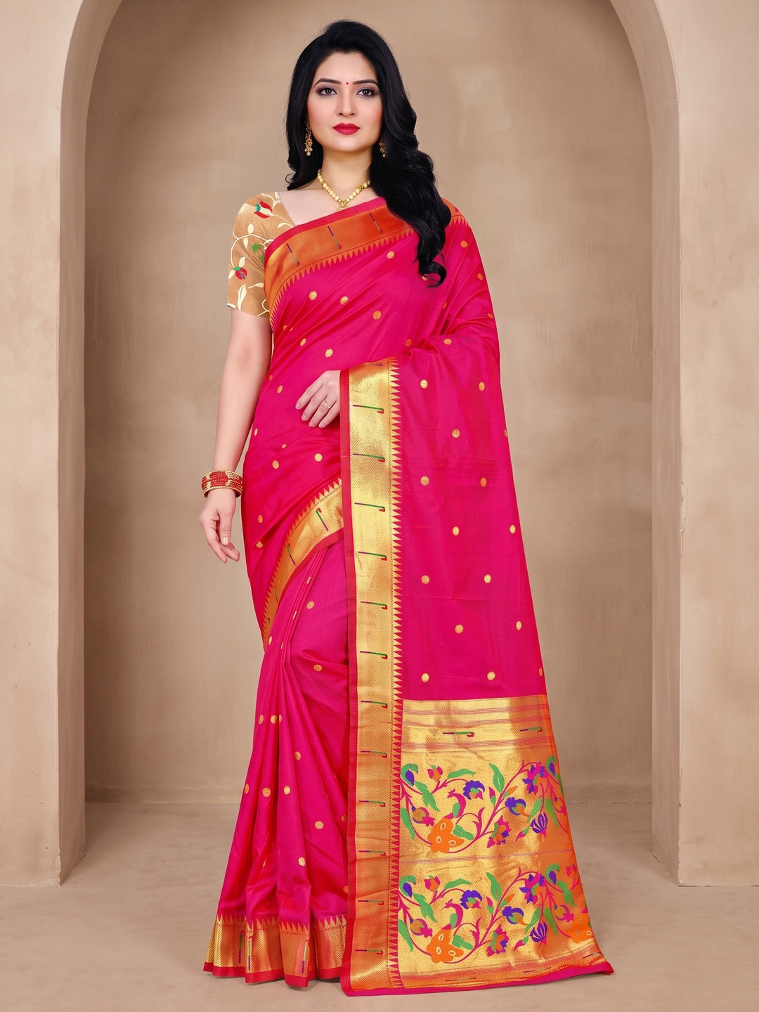 Peachmode Pink Pure Silk Peacock Woven Saree - Image 2