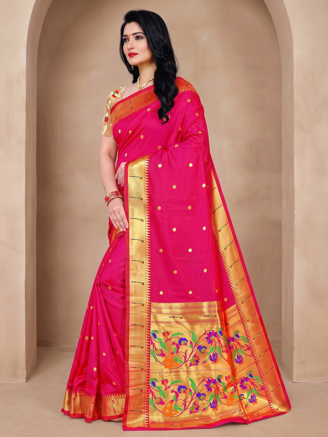 Peachmode Pink Pure Silk Peacock Woven Saree - Image 3