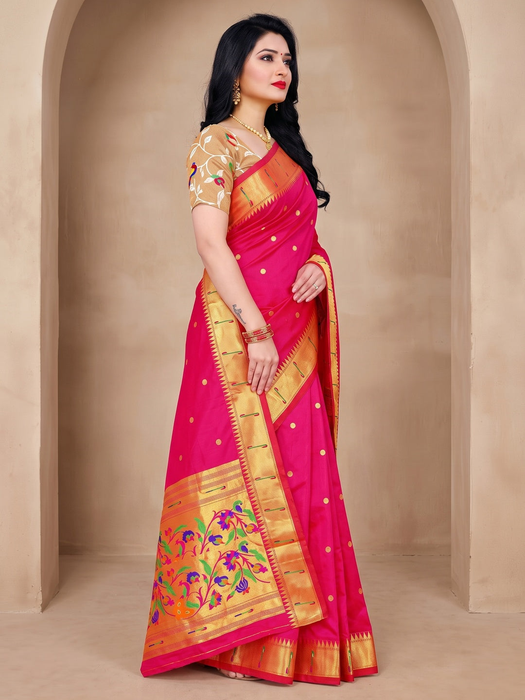 Peachmode Pink Pure Silk Peacock Woven Saree - Image 4
