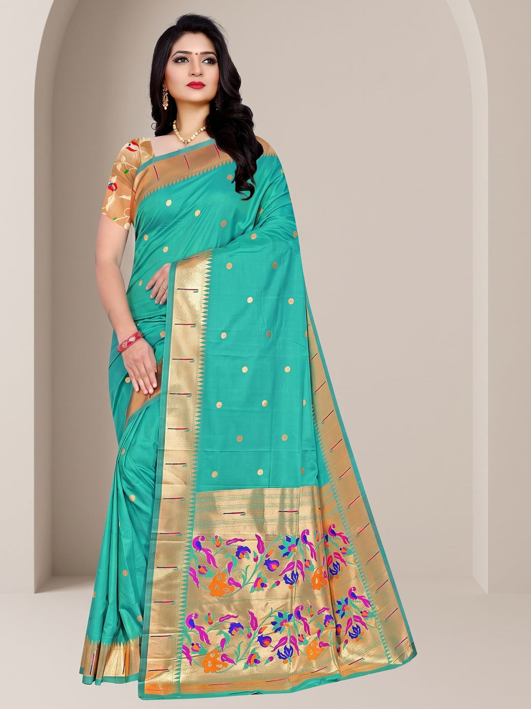 Peachmode Sea Green Pure Silk Peacock Woven Saree - Image 1