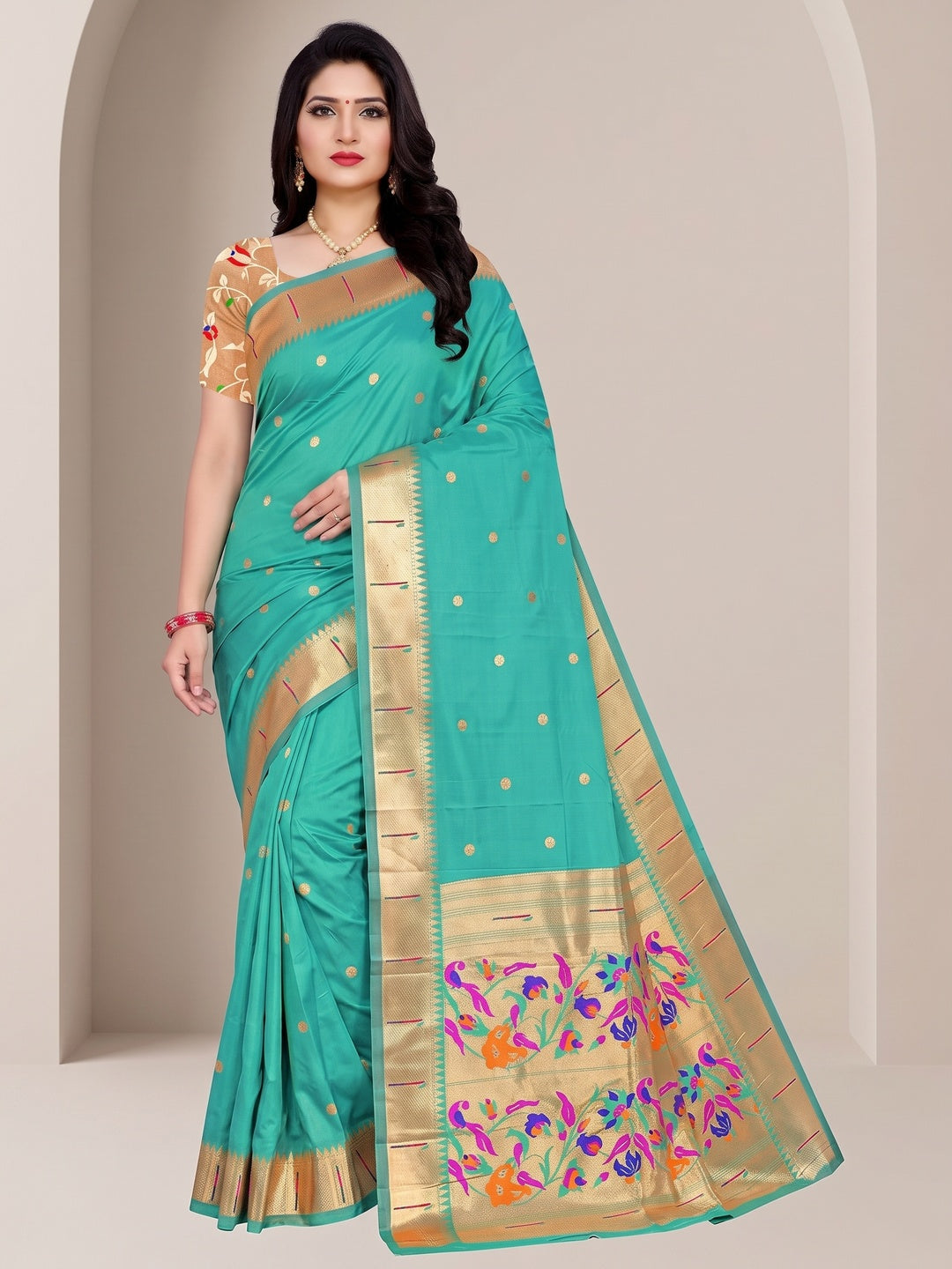 Peachmode Sea Green Pure Silk Peacock Woven Saree - Image 2