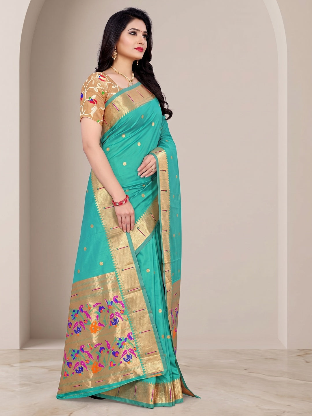 Peachmode Sea Green Pure Silk Peacock Woven Saree - Image 4