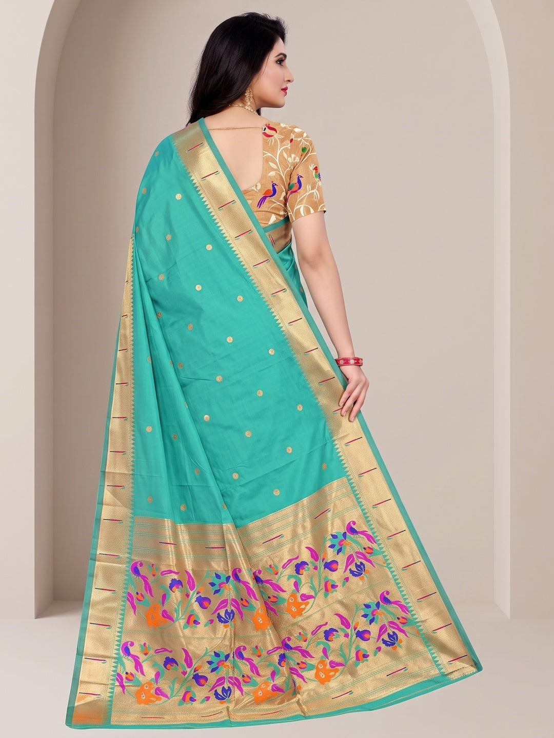 Peachmode Sea Green Pure Silk Peacock Woven Saree - Image 5
