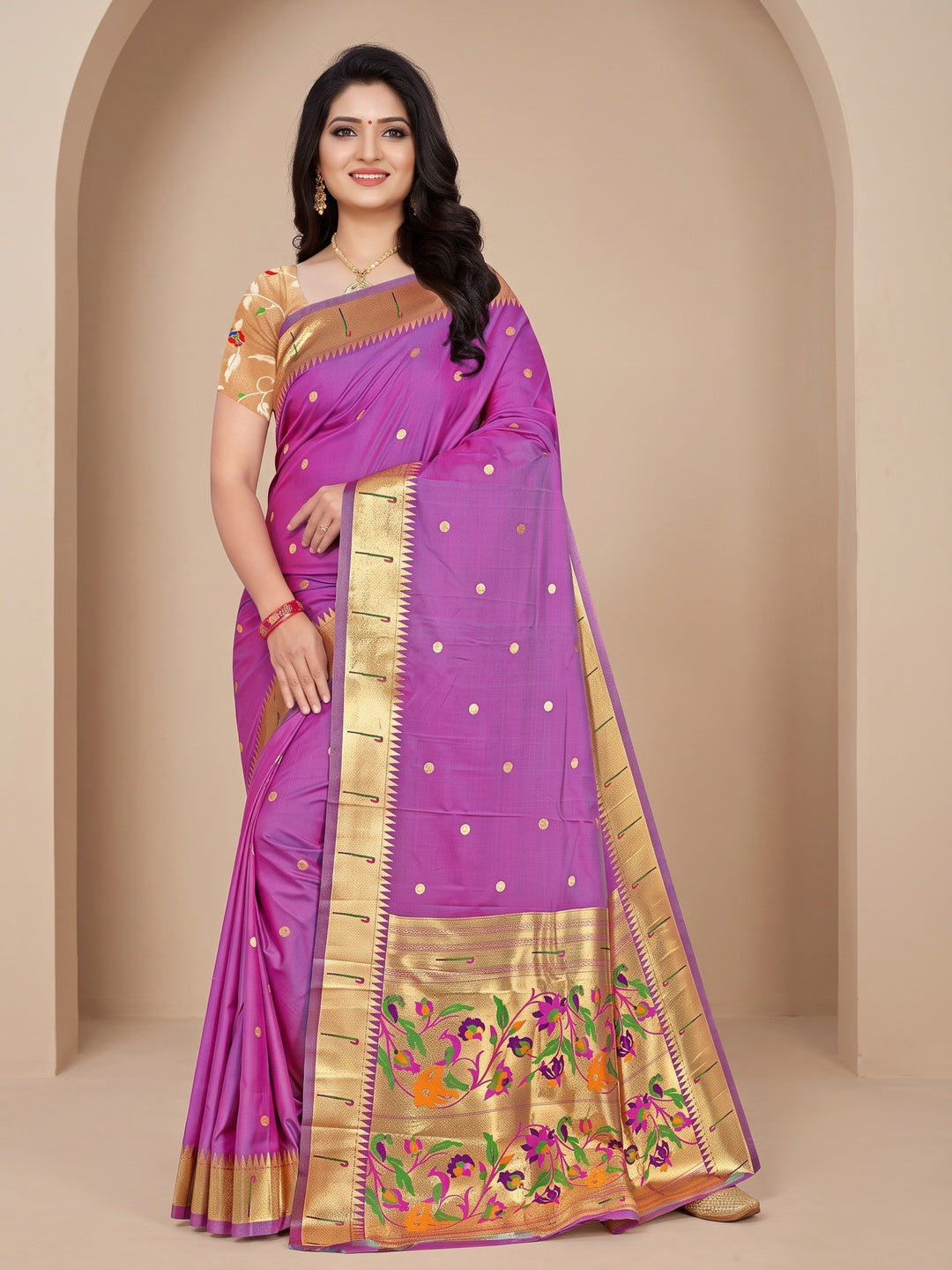 Peachmode Purple Pure Silk Peacock Woven Saree - Image 1