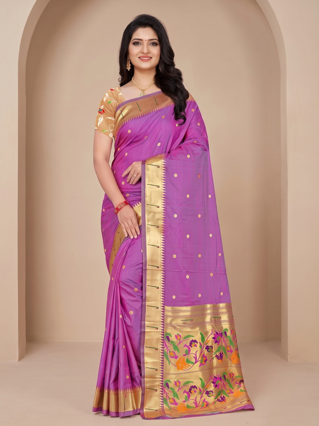 Peachmode Purple Pure Silk Peacock Woven Saree - Image 2