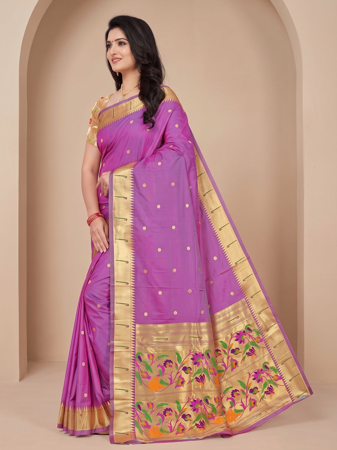 Peachmode Purple Pure Silk Peacock Woven Saree - Image 4