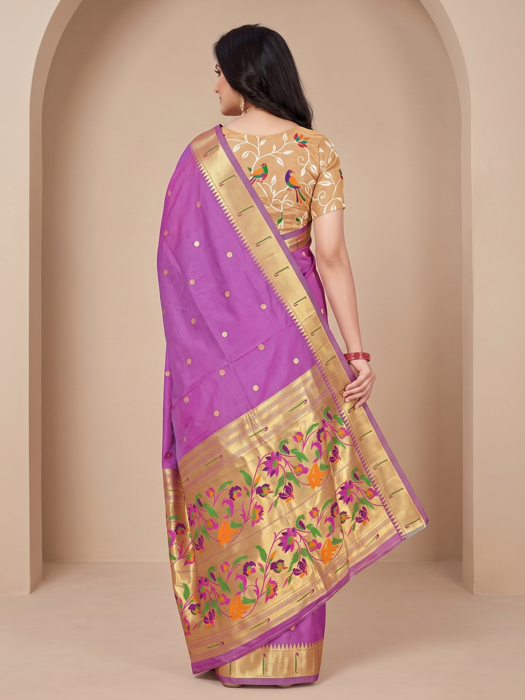 Peachmode Purple Pure Silk Peacock Woven Saree - Image 5