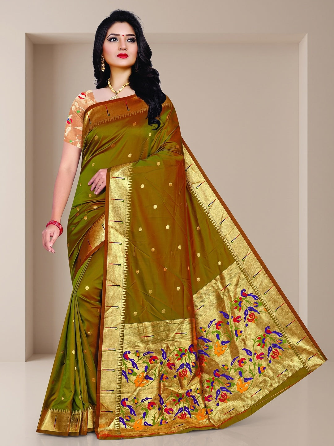 Peachmode Olive Pure Silk Peacock Woven Saree - Image 1