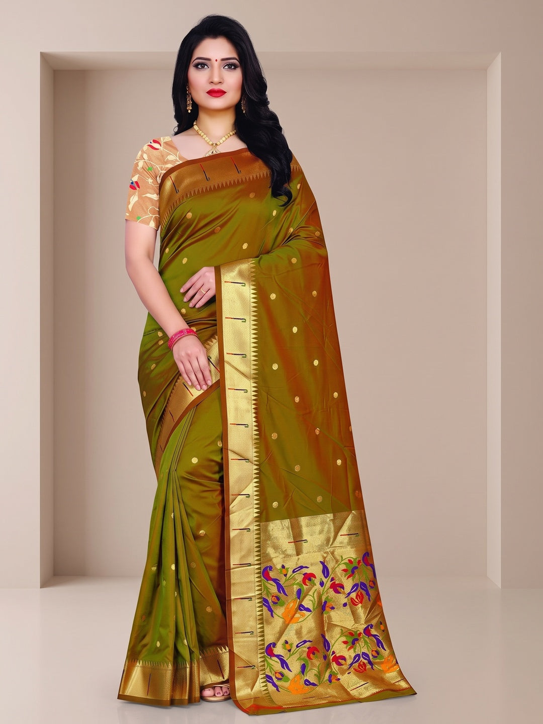 Peachmode Olive Pure Silk Peacock Woven Saree - Image 2