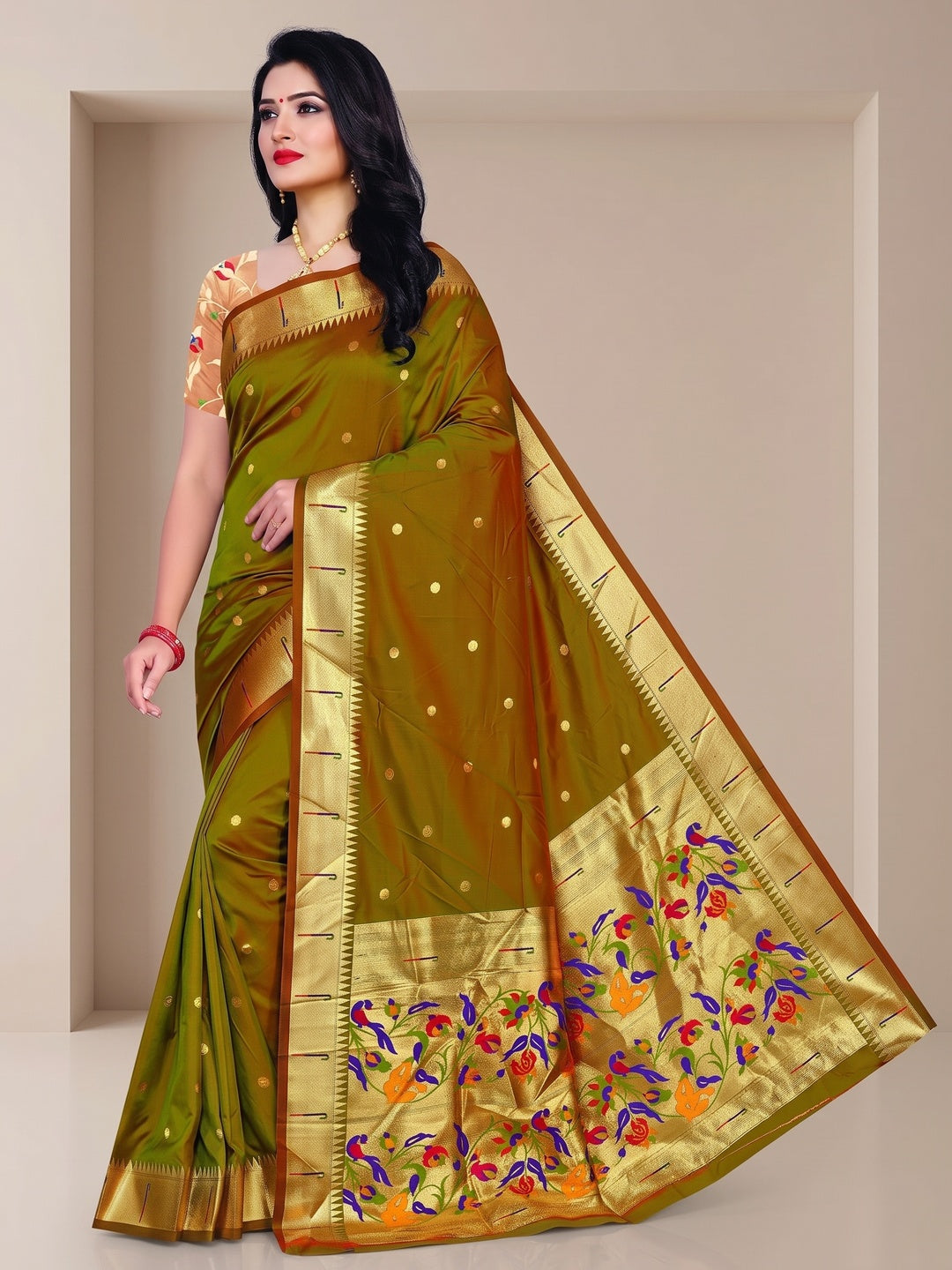Peachmode Olive Pure Silk Peacock Woven Saree - Image 3