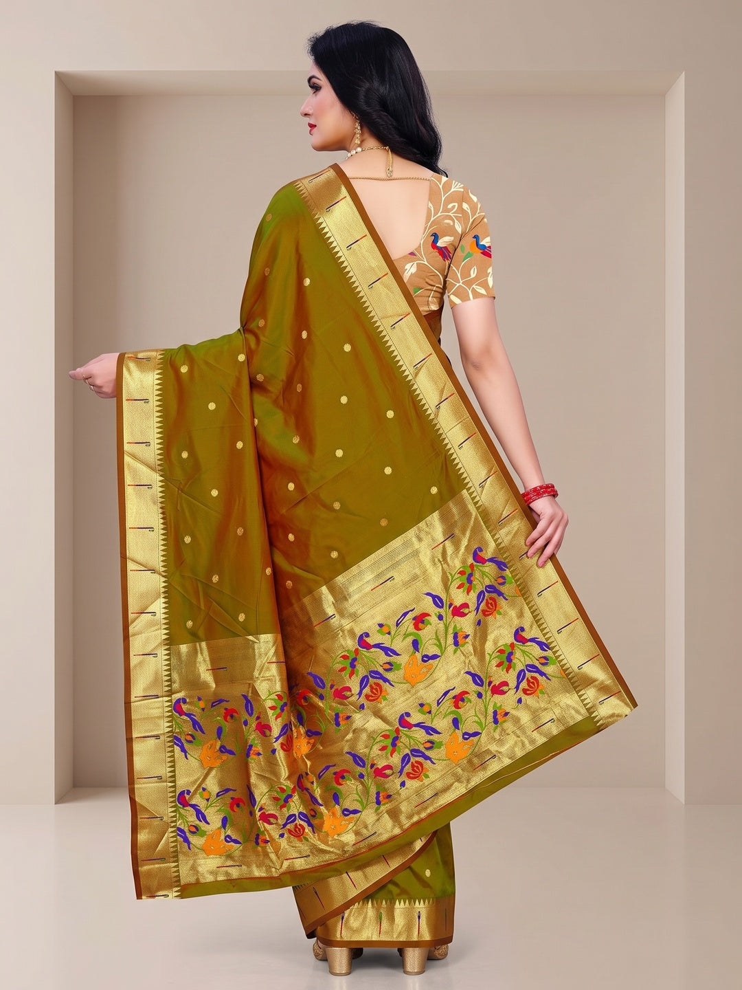 Peachmode Olive Pure Silk Peacock Woven Saree - Image 5