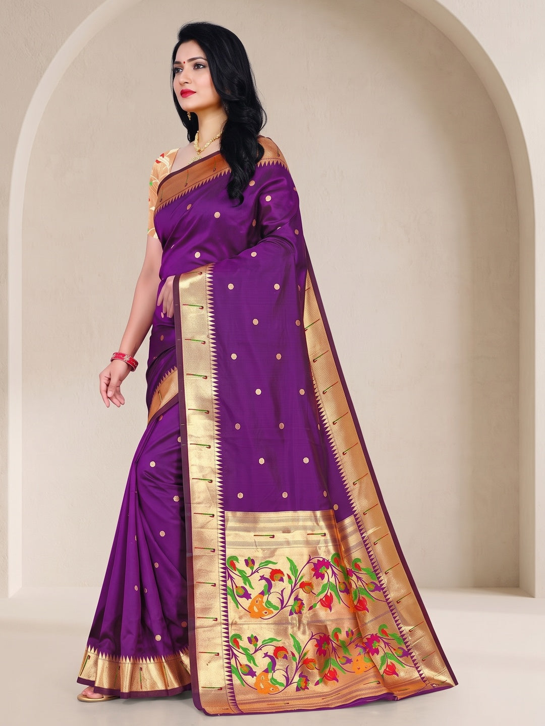 Peachmode Purple Pure Silk Peacock Woven Saree - Image 3