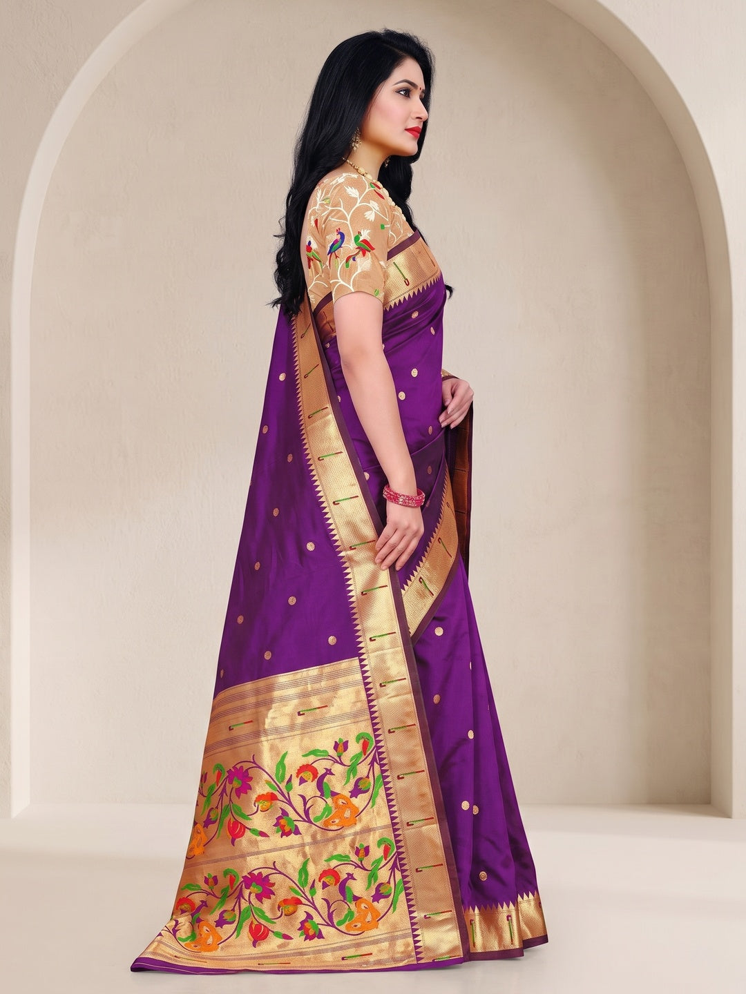 Peachmode Purple Pure Silk Peacock Woven Saree - Image 4
