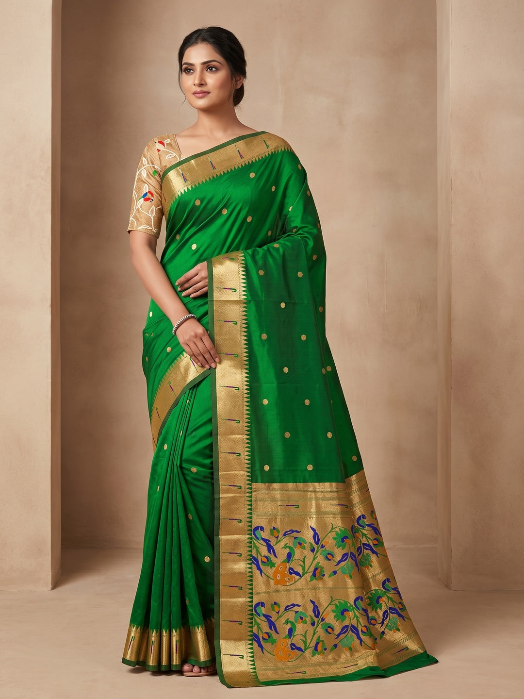 Peachmode Green Pure Silk Peacock Woven Saree - Image 1