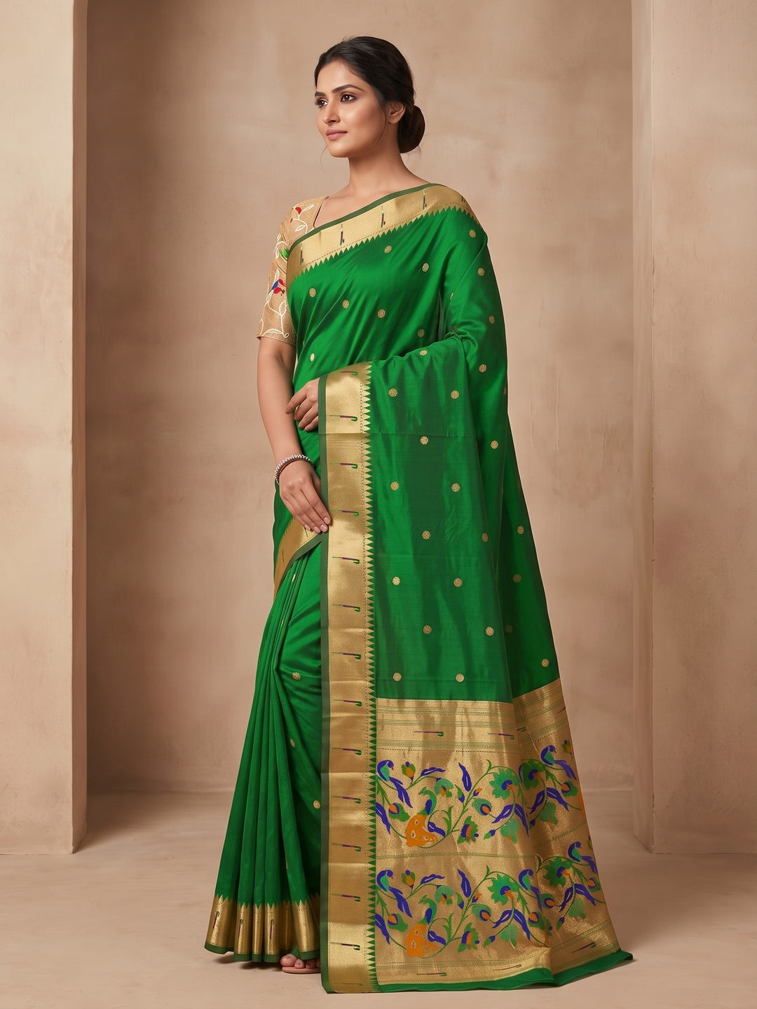 Peachmode Green Pure Silk Peacock Woven Saree - Image 3