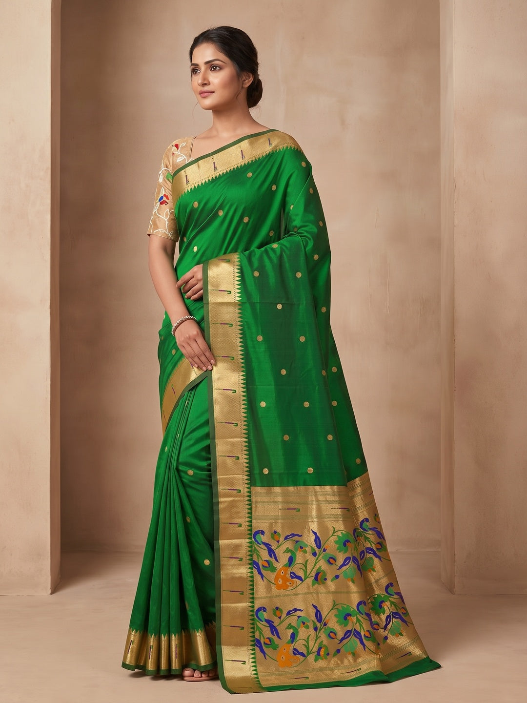 Peachmode Green Pure Silk Peacock Woven Saree - Image 4