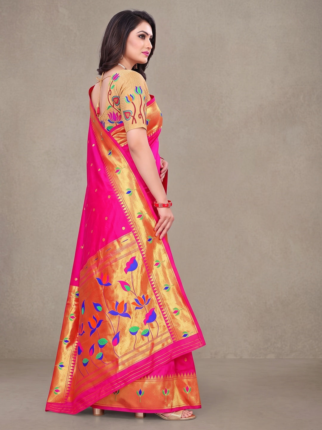 Peachmode Pink Pure Silk Lotus Woven Saree - Image 3