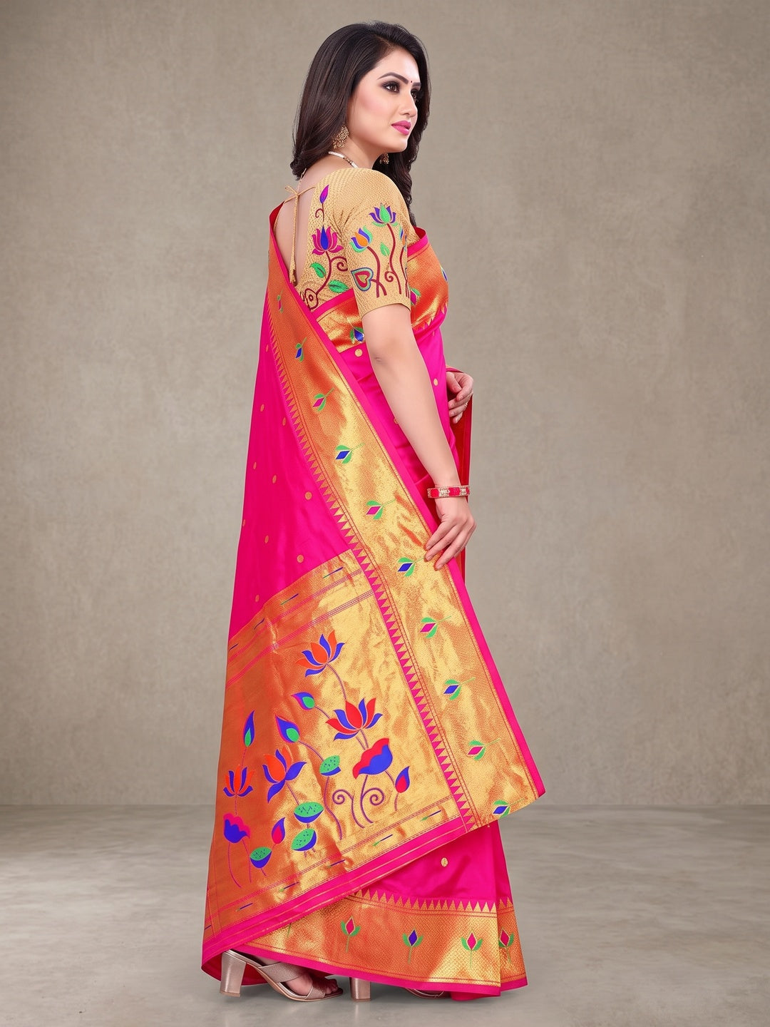 Peachmode Pink Pure Silk Lotus Woven Saree - Image 4