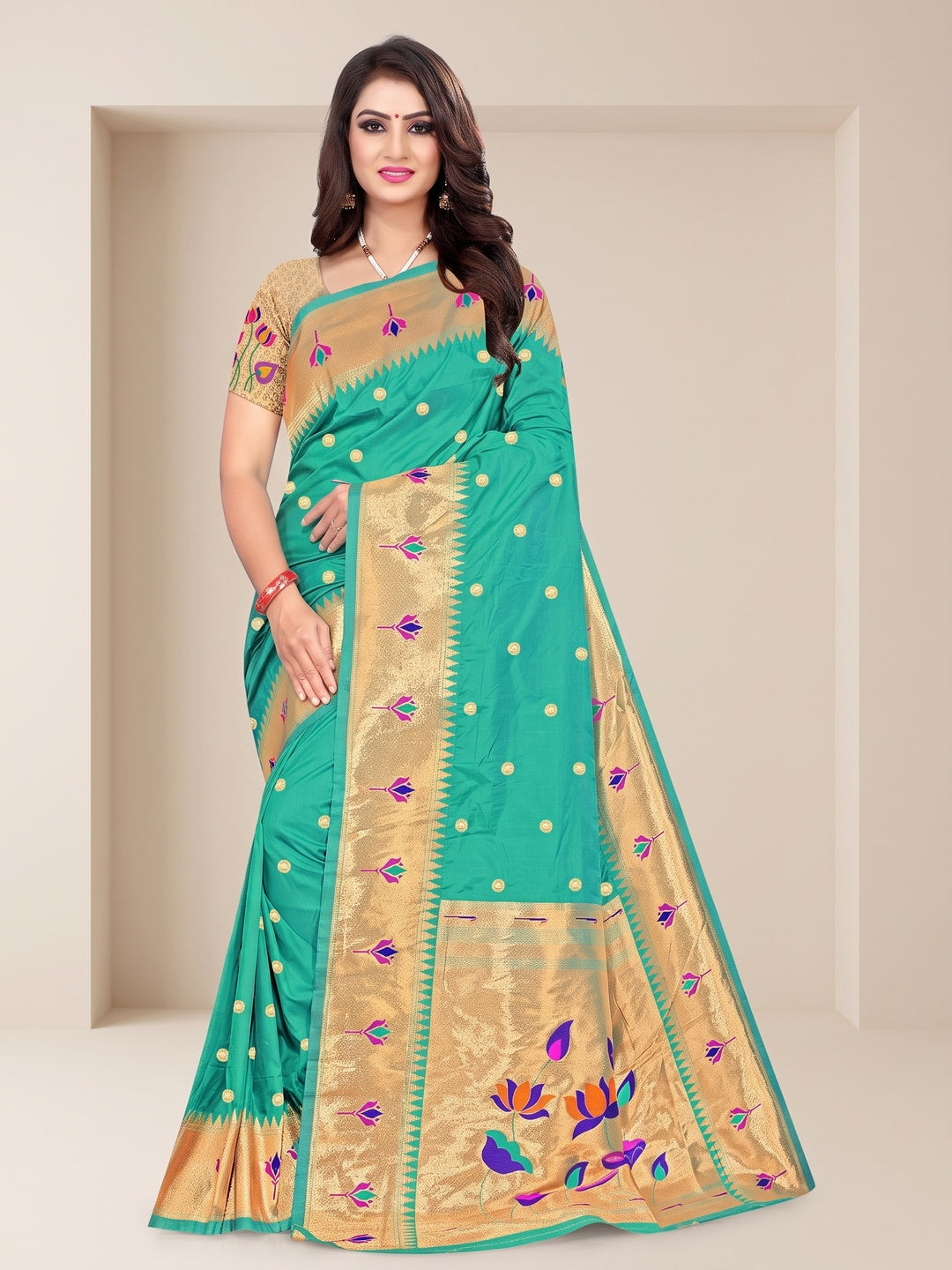Peachmode Sea Green Pure Silk Lotus Woven Saree - Image 1