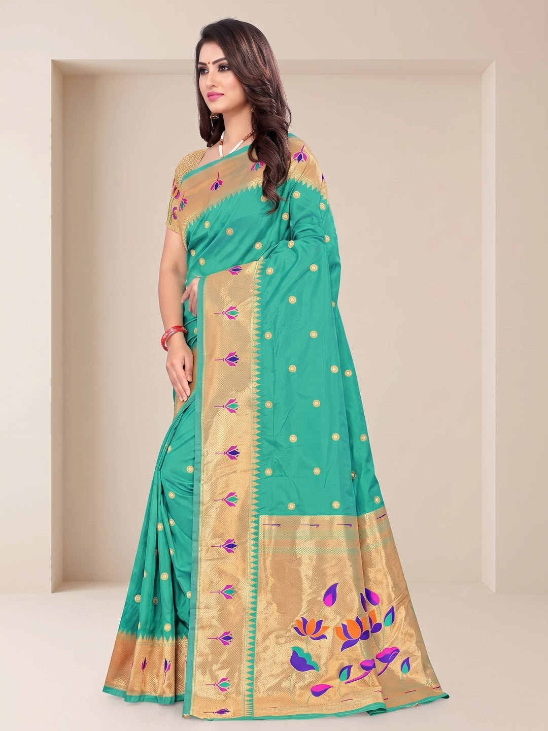Peachmode Sea Green Pure Silk Lotus Woven Saree - Image 3