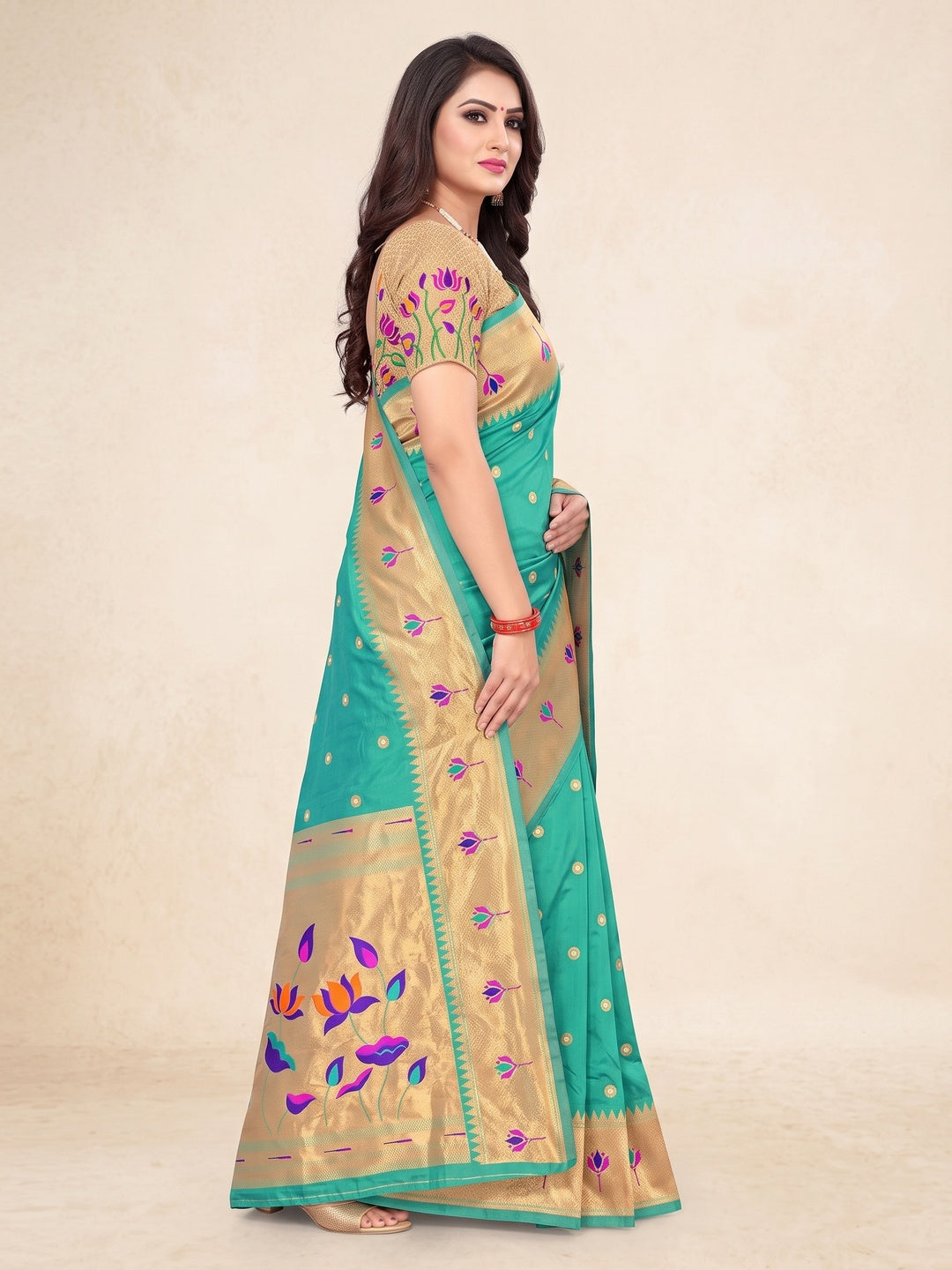 Peachmode Sea Green Pure Silk Lotus Woven Saree - Image 4