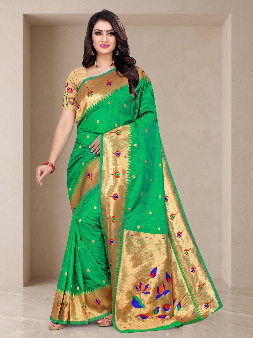 Peachmode Green Pure Silk Lotus Woven Saree - Image 1