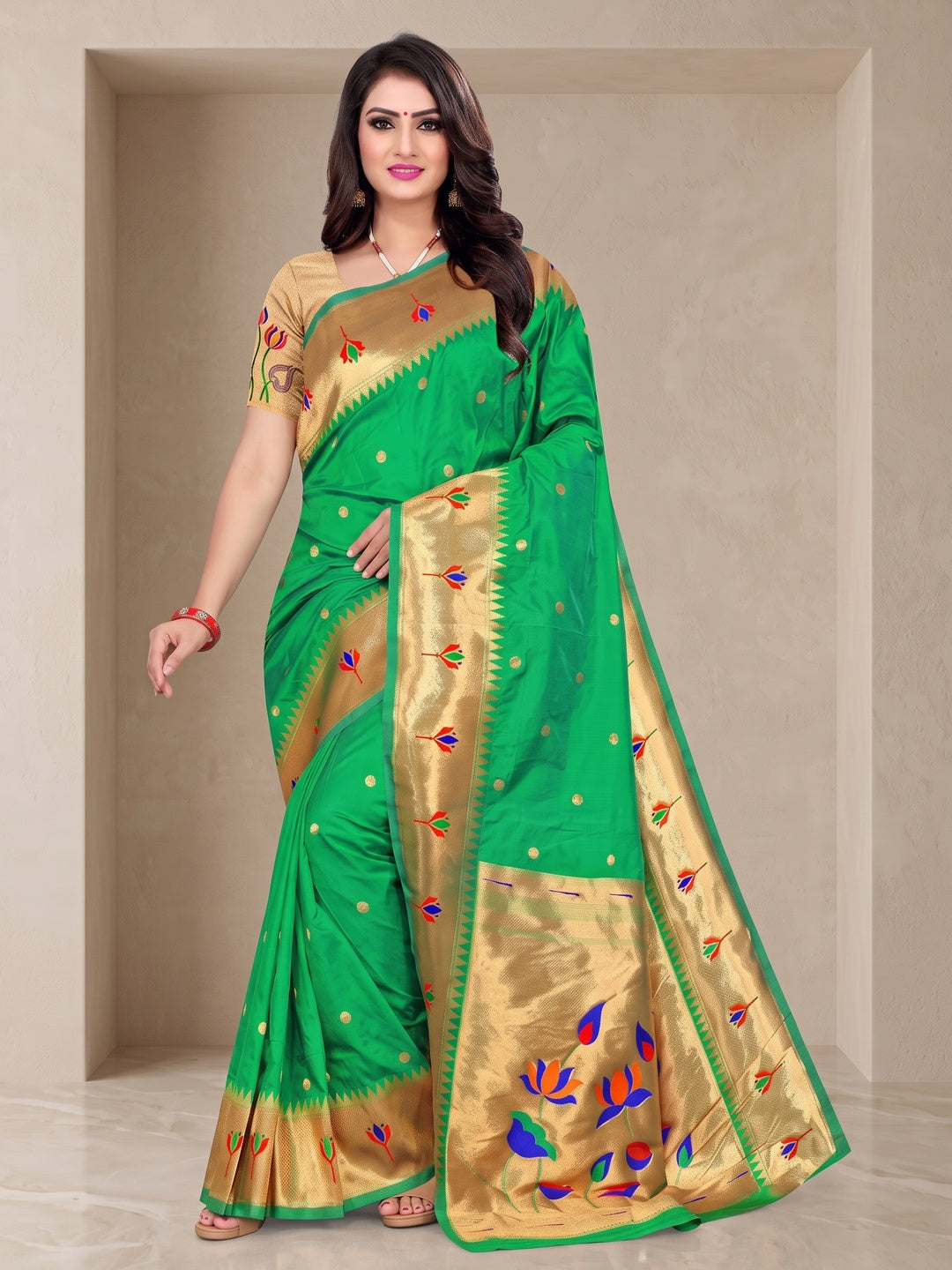 Peachmode Green Pure Silk Lotus Woven Saree - Image 2