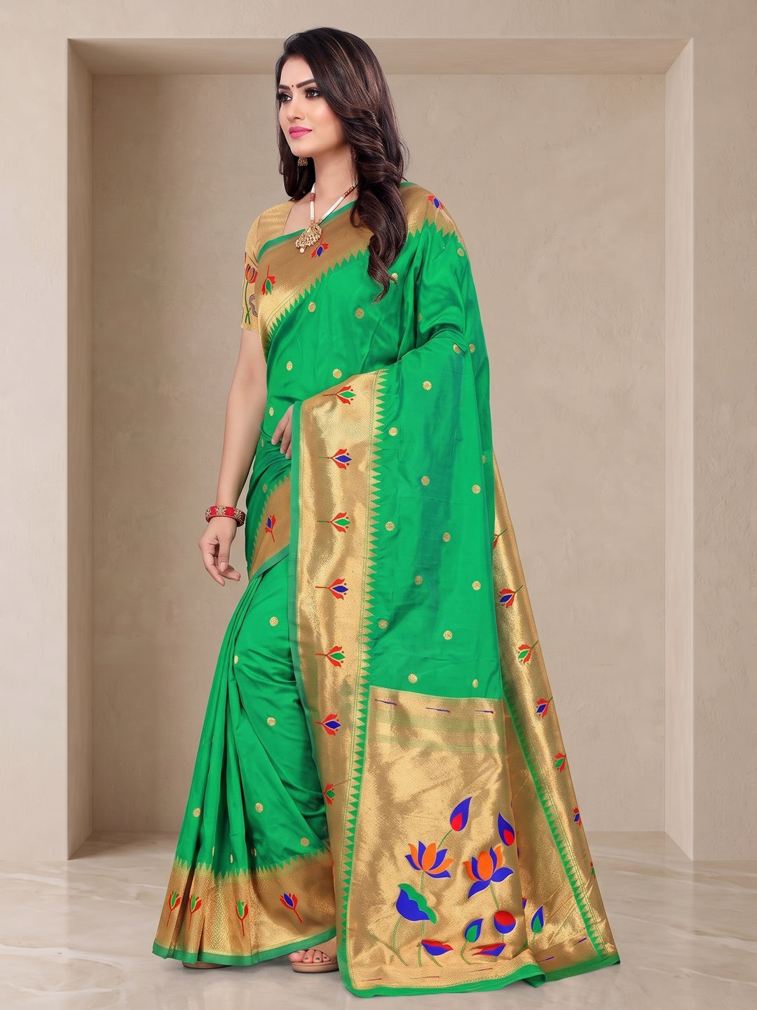 Peachmode Green Pure Silk Lotus Woven Saree - Image 3