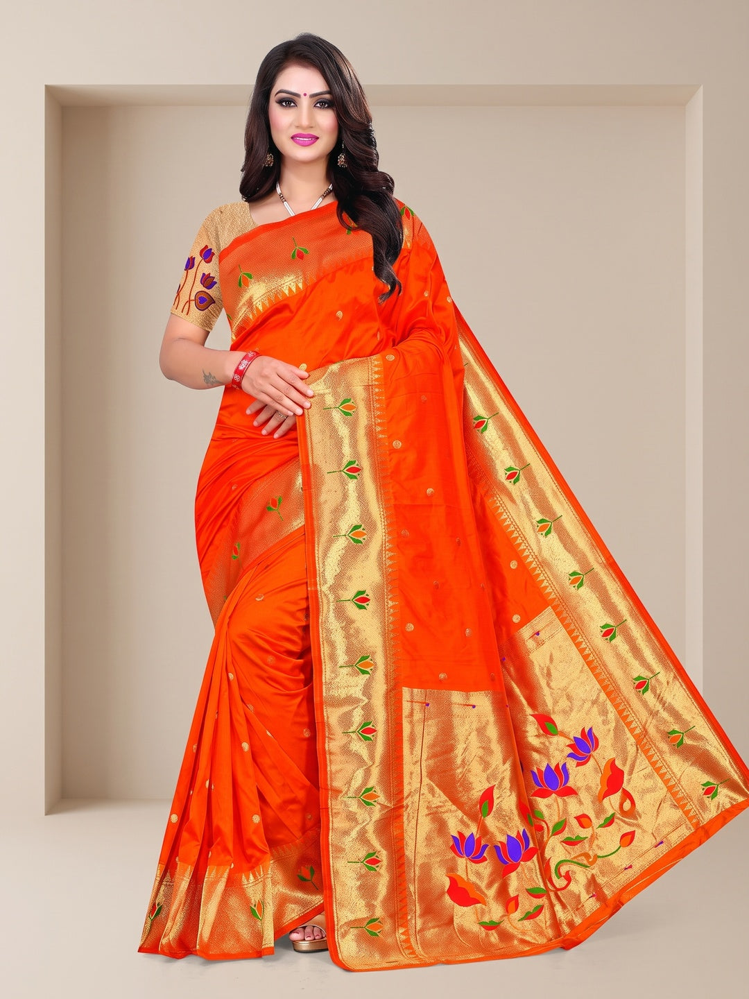 Peachmode Orange Pure Silk Lotus Woven Saree - Image 1