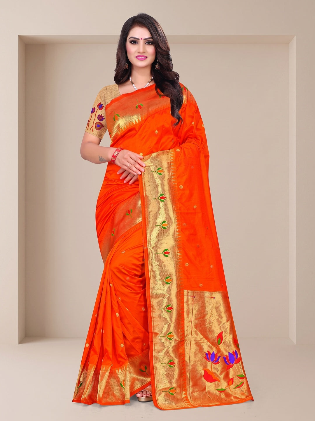 Peachmode Orange Pure Silk Lotus Woven Saree - Image 2