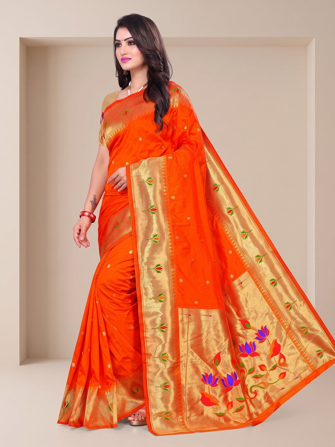 Peachmode Orange Pure Silk Lotus Woven Saree - Image 3