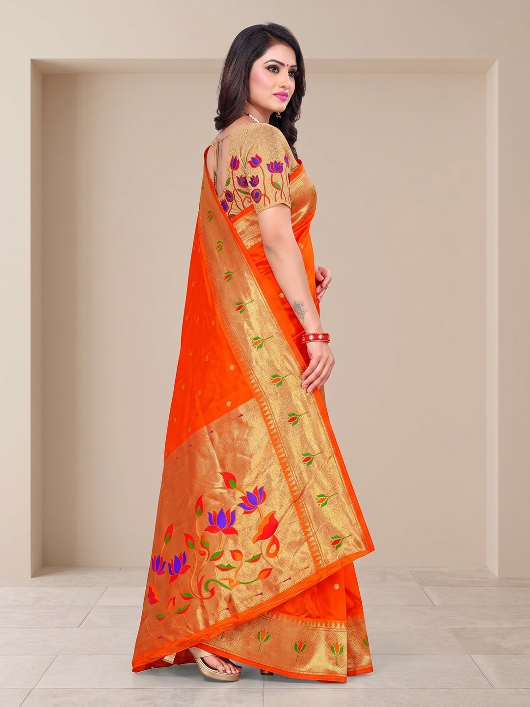 Peachmode Orange Pure Silk Lotus Woven Saree - Image 4