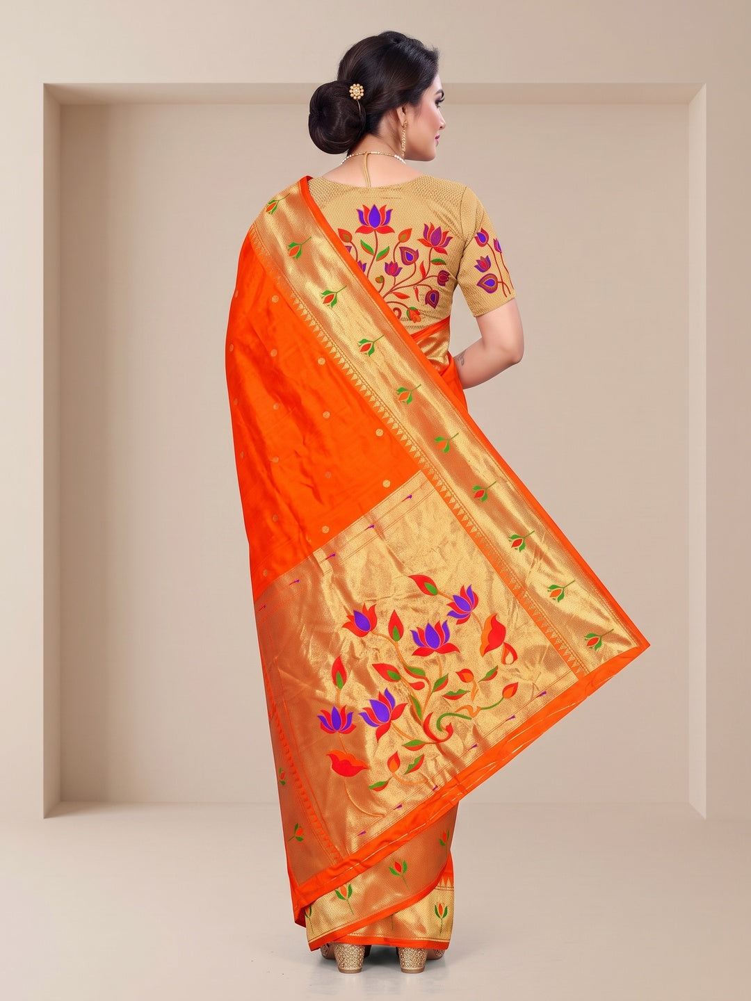 Peachmode Orange Pure Silk Lotus Woven Saree - Image 5