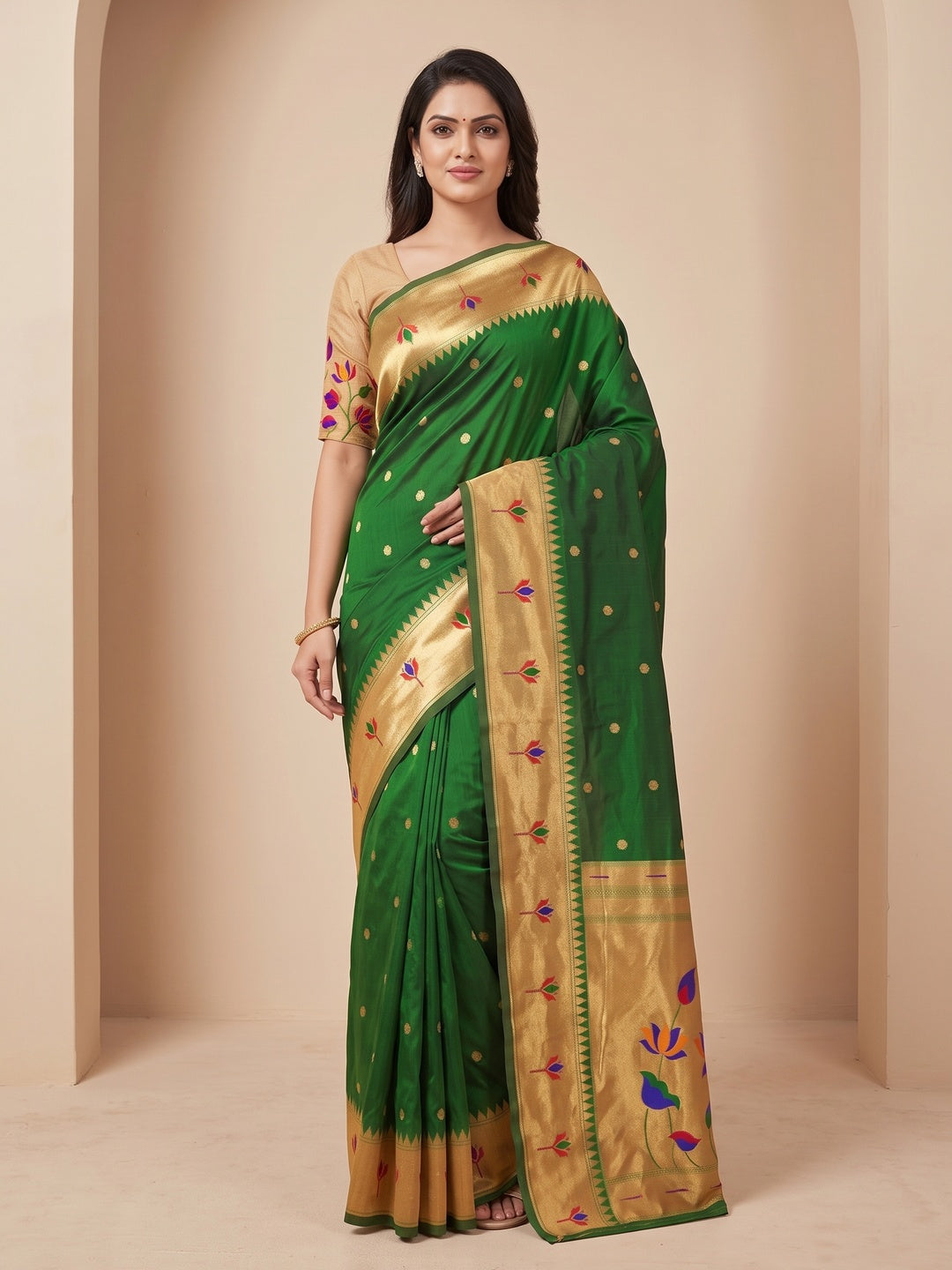 Peachmode Dark Green Pure Silk Lotus Woven Saree - Image 2