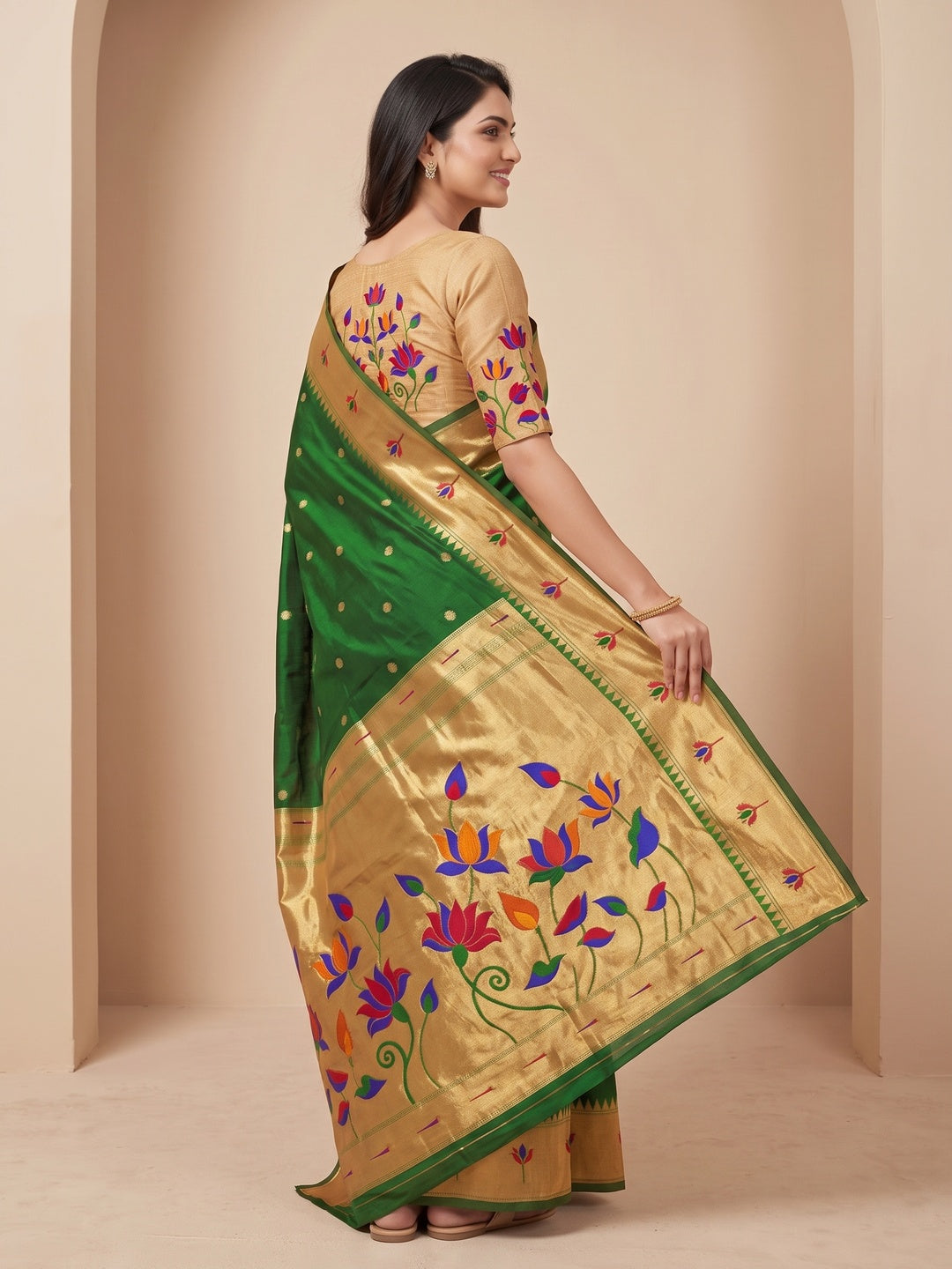 Peachmode Dark Green Pure Silk Lotus Woven Saree - Image 4