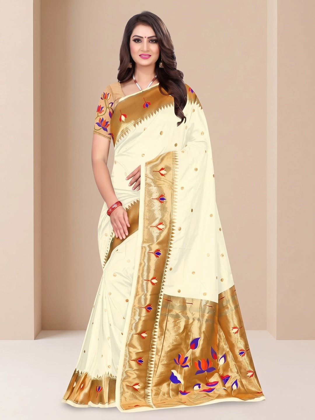 Peachmode Cream Pure Silk Lotus Woven Saree - Image 2