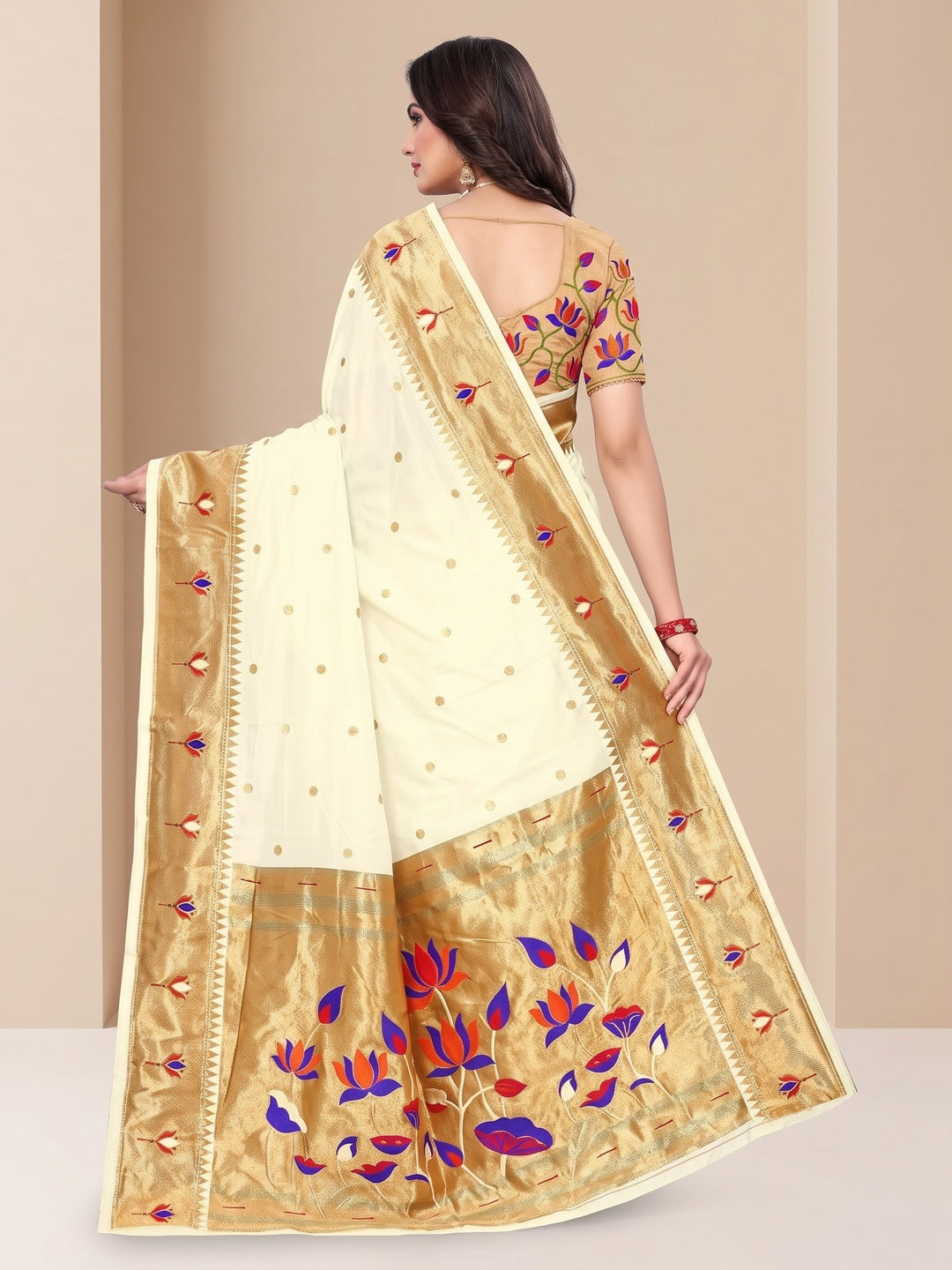 Peachmode Cream Pure Silk Lotus Woven Saree - Image 5