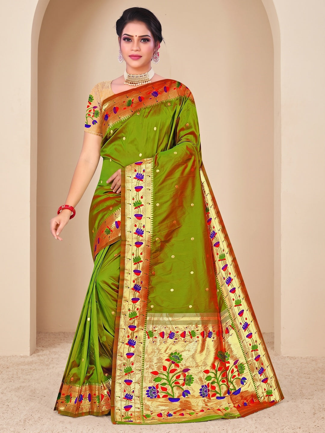 Peachmode Olive Pure Silk Floral Pot Woven Saree - Image 1