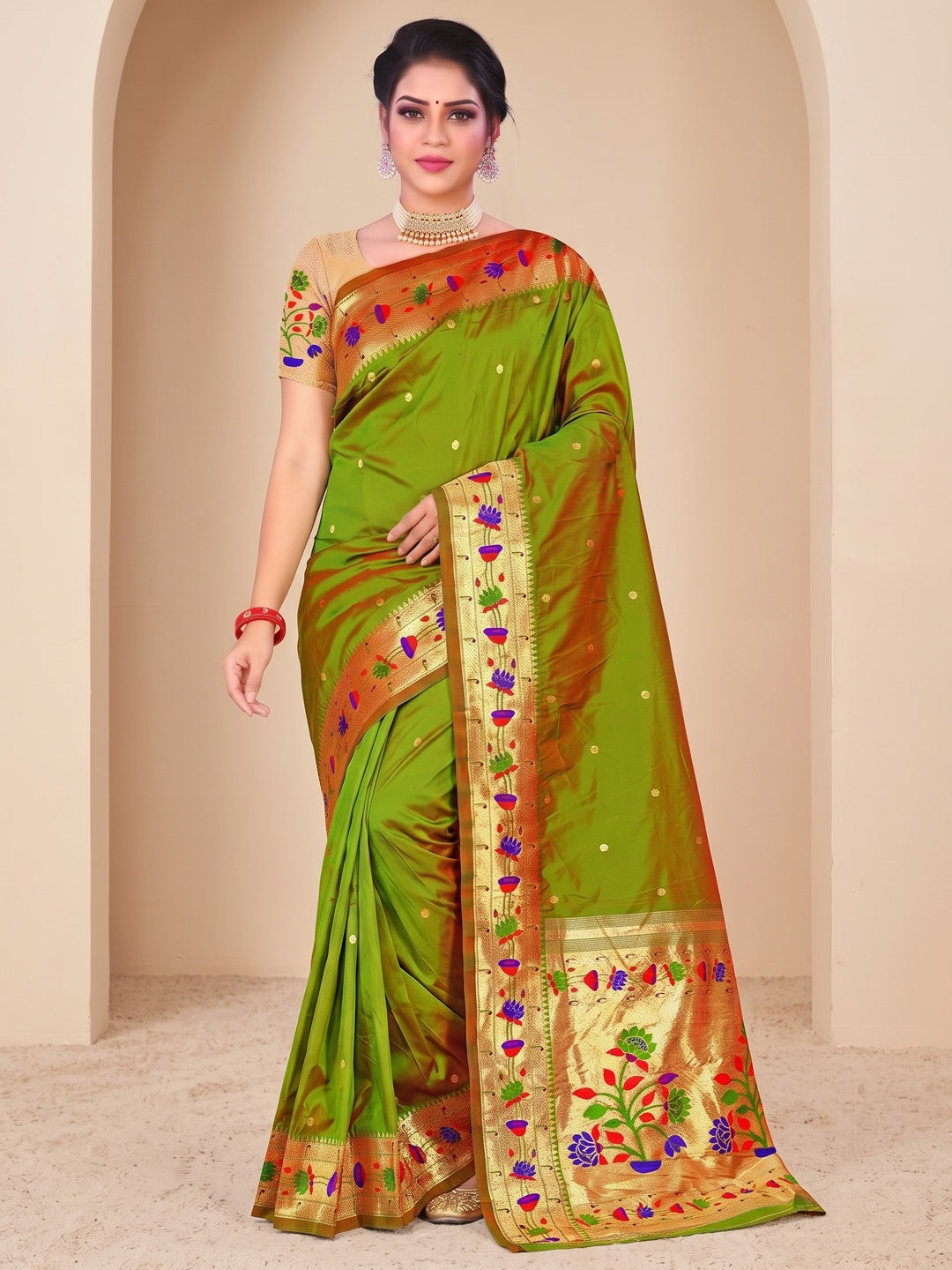 Peachmode Olive Pure Silk Floral Pot Woven Saree - Image 2