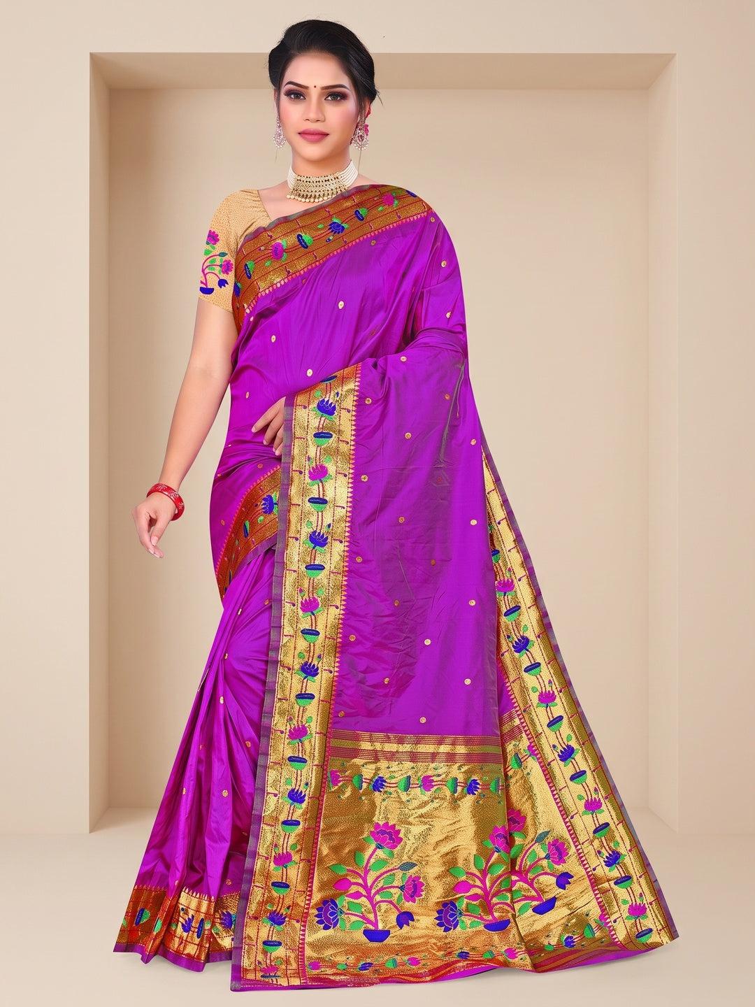Peachmode Purple Pure Silk Floral Pot Woven Saree - Image 1