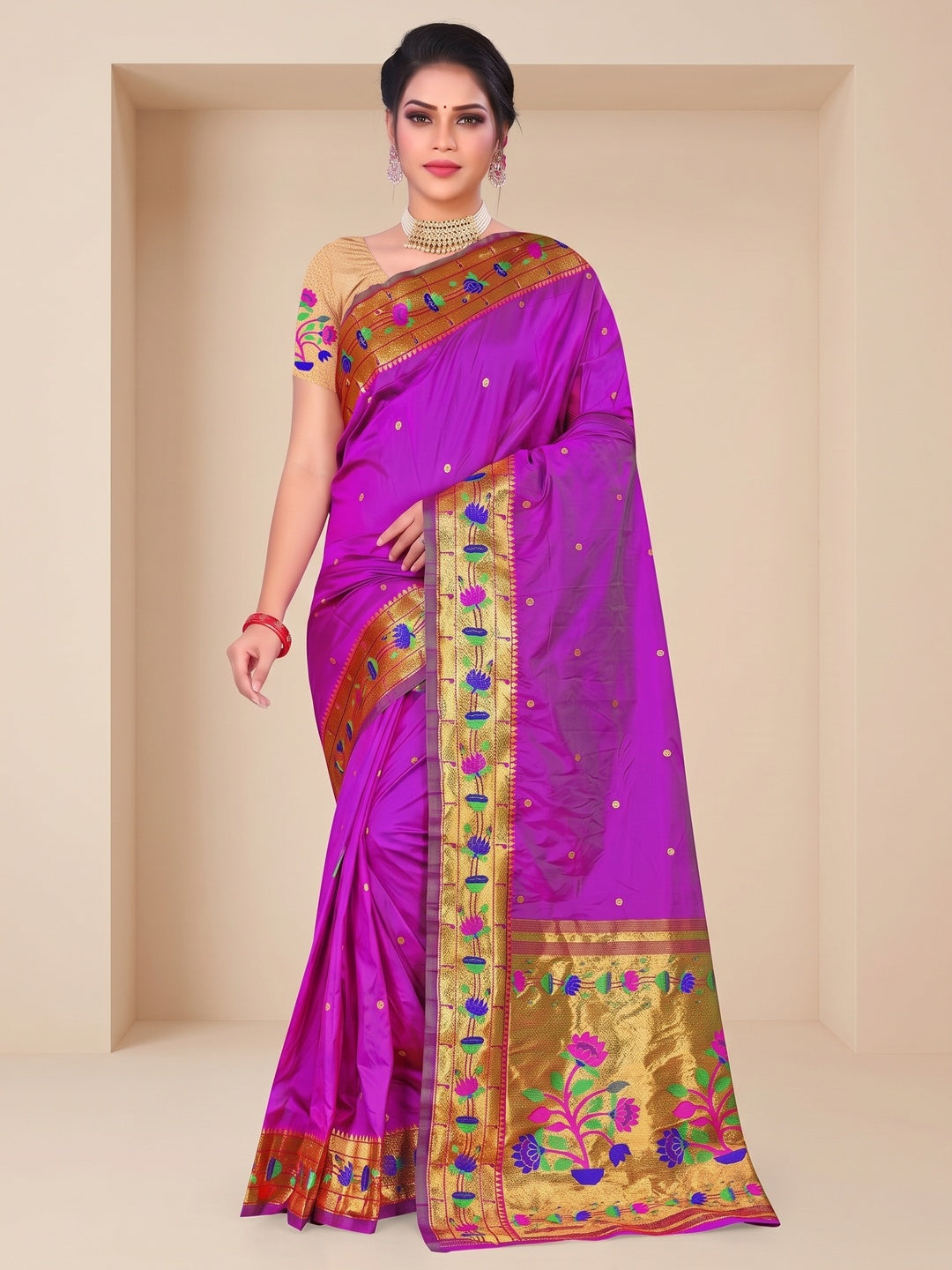 Peachmode Purple Pure Silk Floral Pot Woven Saree - Image 2
