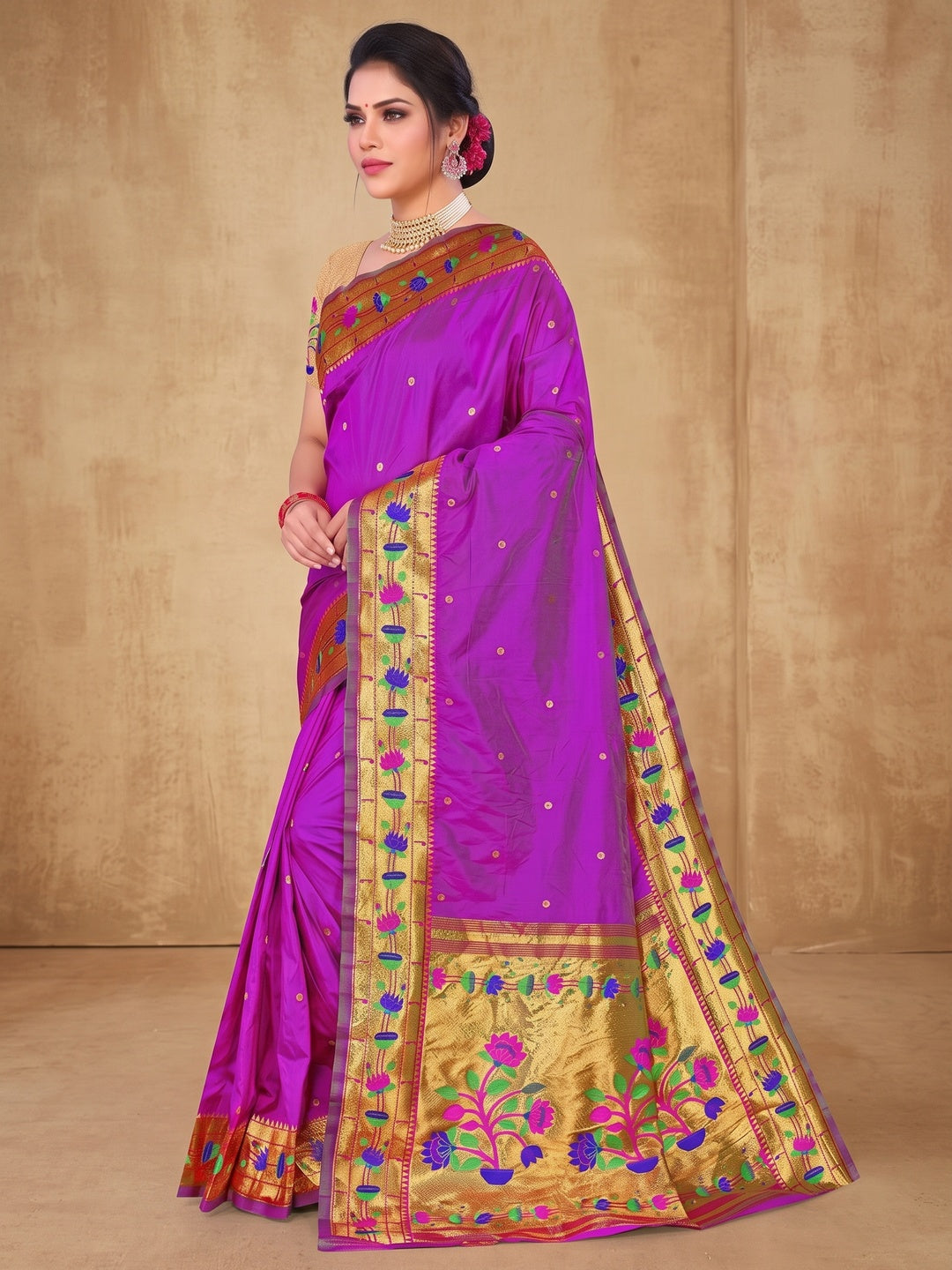 Peachmode Purple Pure Silk Floral Pot Woven Saree - Image 3