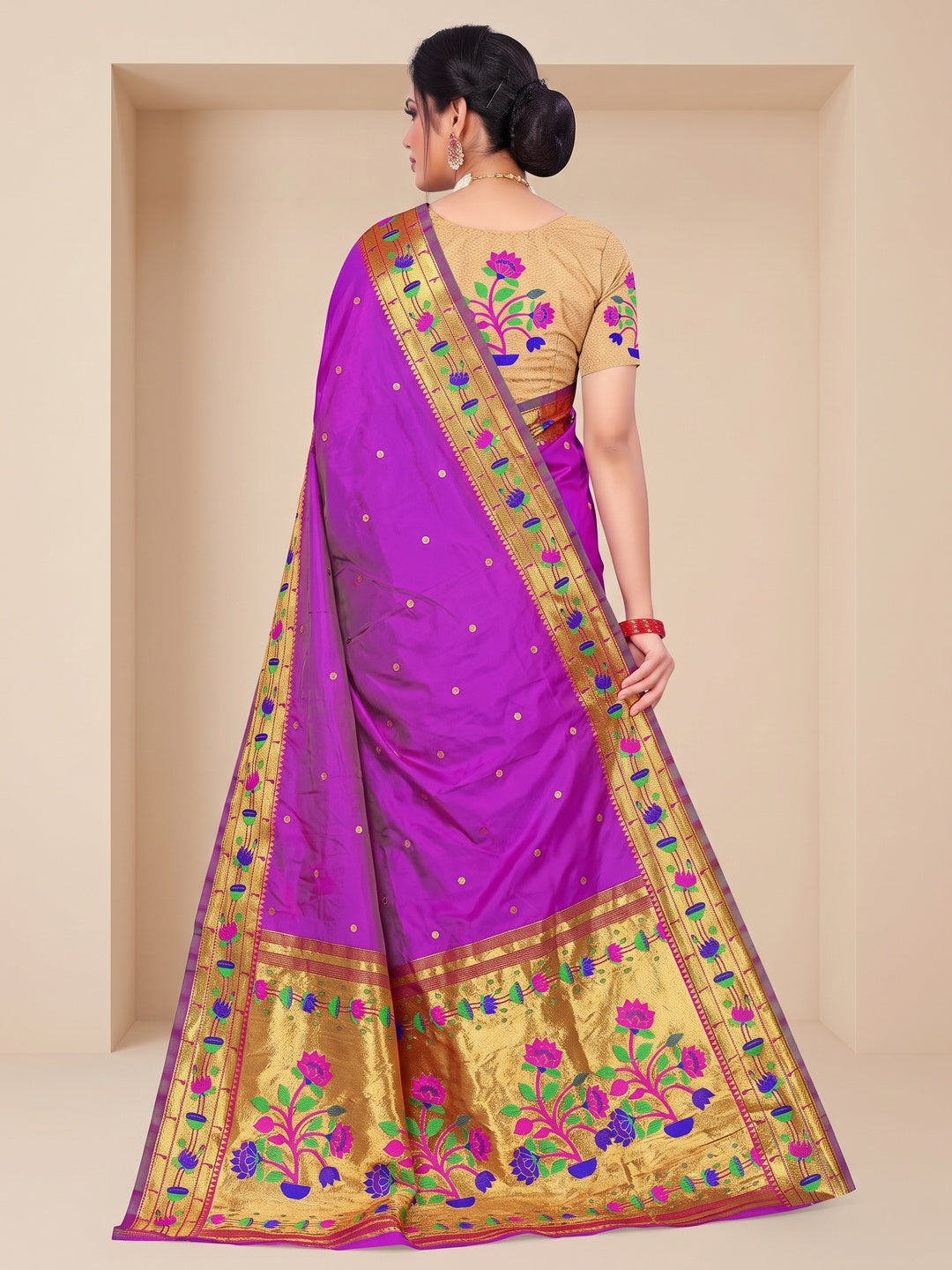 Peachmode Purple Pure Silk Floral Pot Woven Saree - Image 5